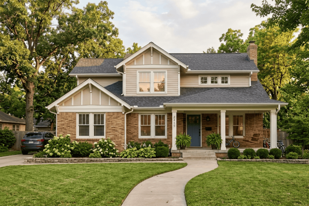 Suburban two-story brick-and-siding house with a covered front porch, blue door, and curved walkway to a manicured lawn.] ,Oops