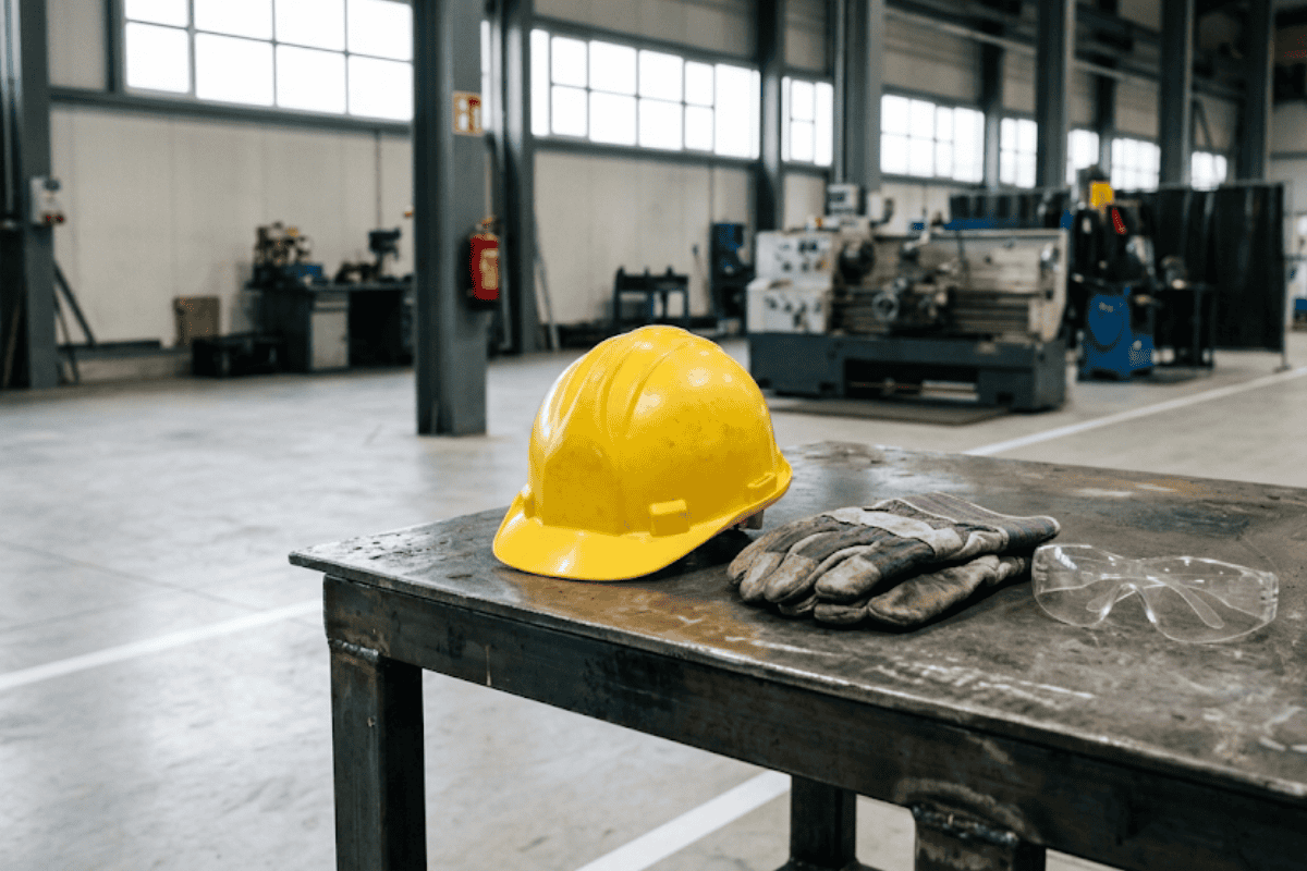 Yellow hard hat, gloves, and safety goggles resting on a metal workbench in a factory setting.