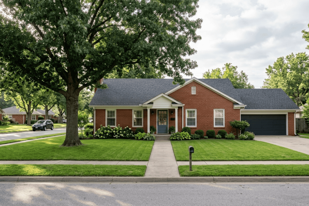 Front view of a single-story red brick house with a blue front door, two-car garage, and a large tree in the front yard.