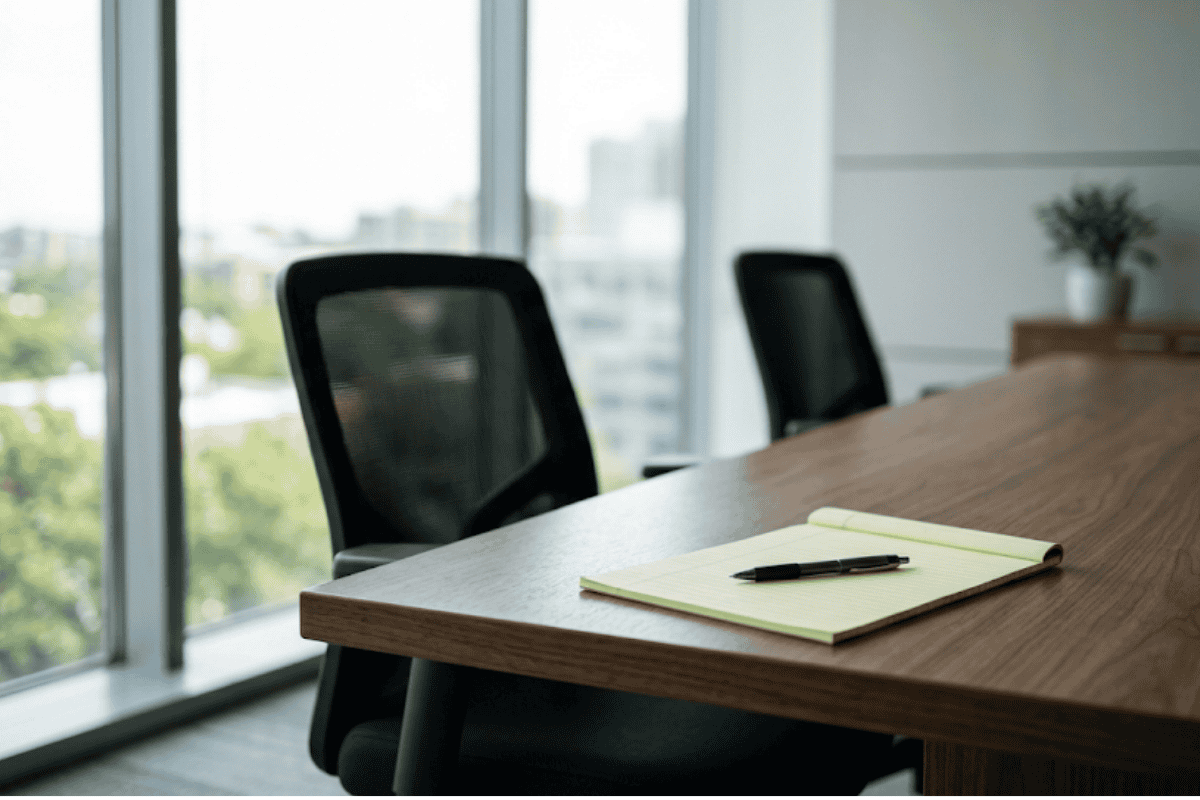 can-an-employee-sue-me-outside-of-workers-comp-in-oklahoma - The Blanchard Law Firm | Estate Planning Lawyer A conference room with a wooden table, a yellow notepad and black pen resting on it, black office chair in the foreground, large windows and a plant in the background.