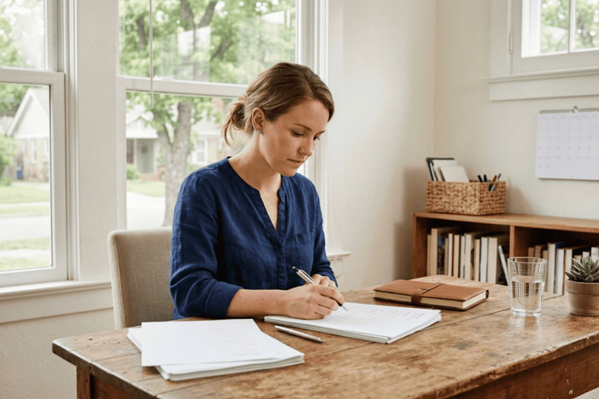 Woman in a blue blouse writes on papers at a wooden desk by a window in a bright home office.