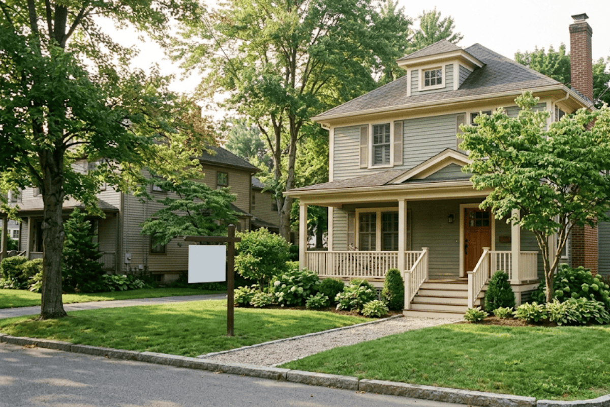 Two-story gray house with front porch and well-kept lawn; a blank real estate sign stands in the yard.