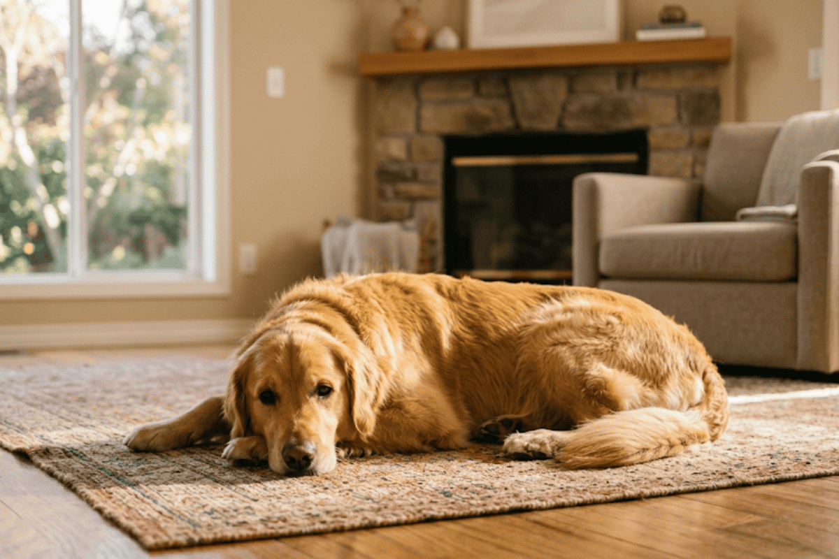 Golden retriever lying on a patterned rug in a cozy living room near a stone fireplace.