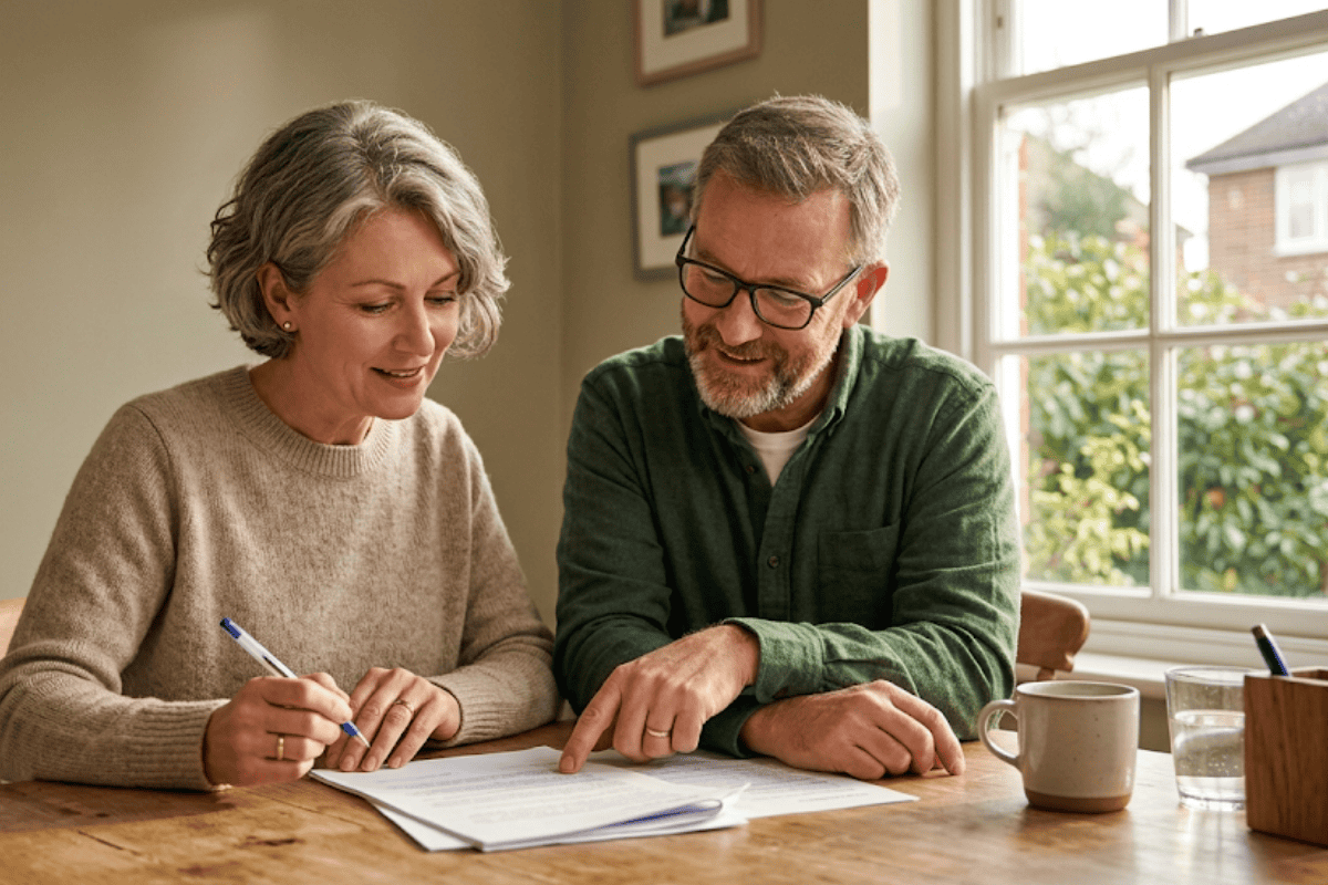 Older couple sitting at a wooden table, signing documents together with pens nearby and a mug in view.
