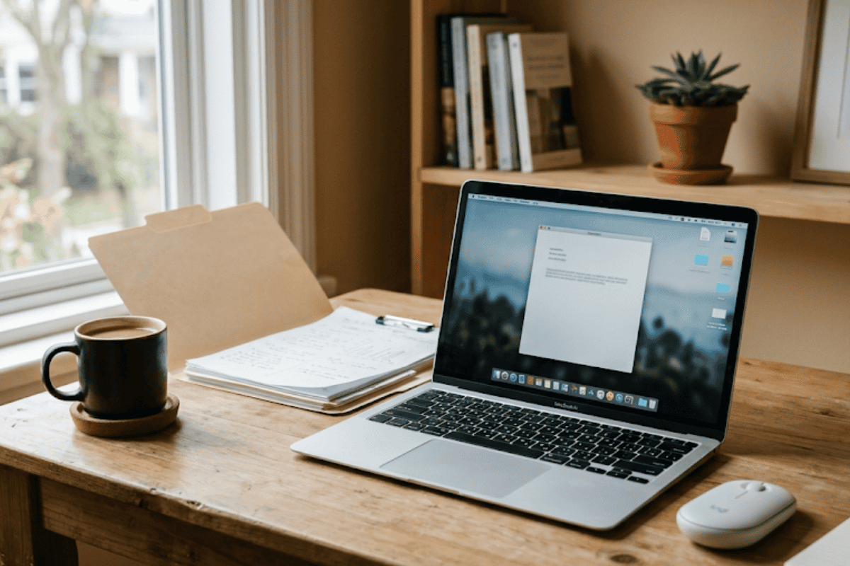 Open MacBook on a wooden desk with a stack of papers, a notebook, a coffee mug, and a potted plant in a bright home office.