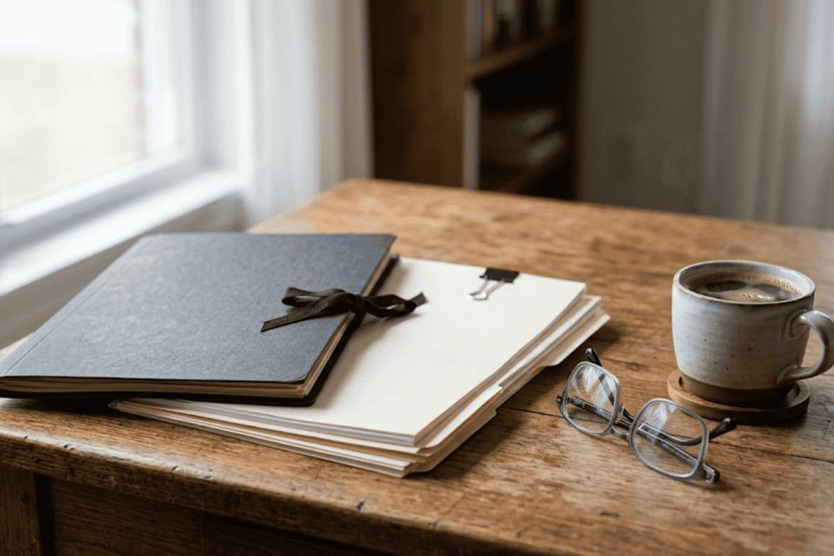 Wooden desk with a stack of papers, a dark notebook tied with a ribbon, a binder clip, reading glasses, and a mug of coffee by a window.